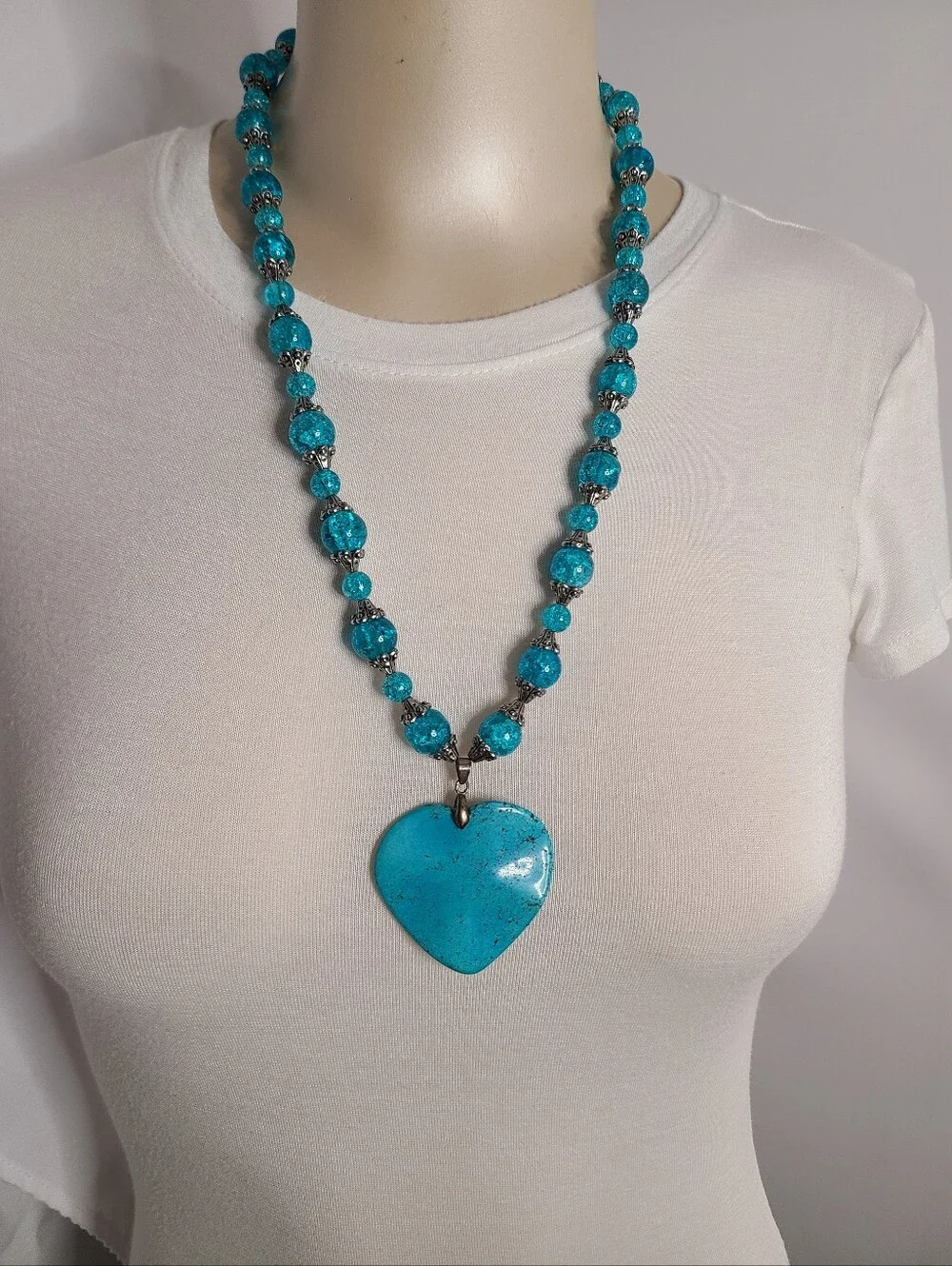 Chunky Turquoise Faux Stone Heart Statement Necklace Crackle Glass Beaded